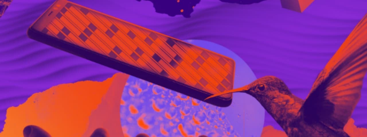 An abstract design with violet and red hues, showcasing 3D geometric shapes, a bird, a hand, and a smartphone.